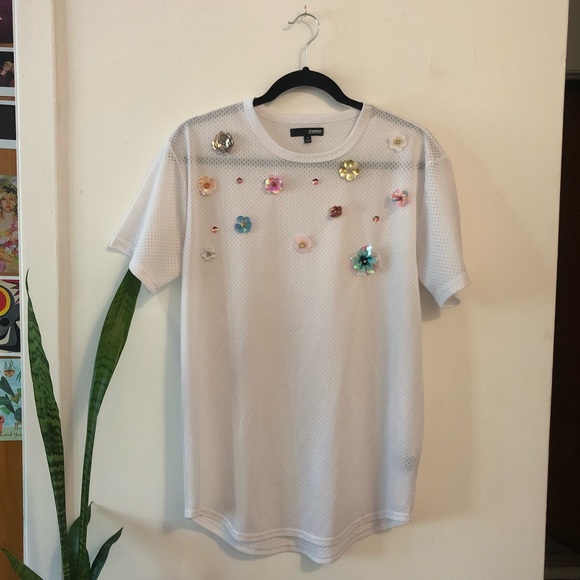 Dolls Kill Tops - 🪷💐 Sequined Flowers white mesh shirt